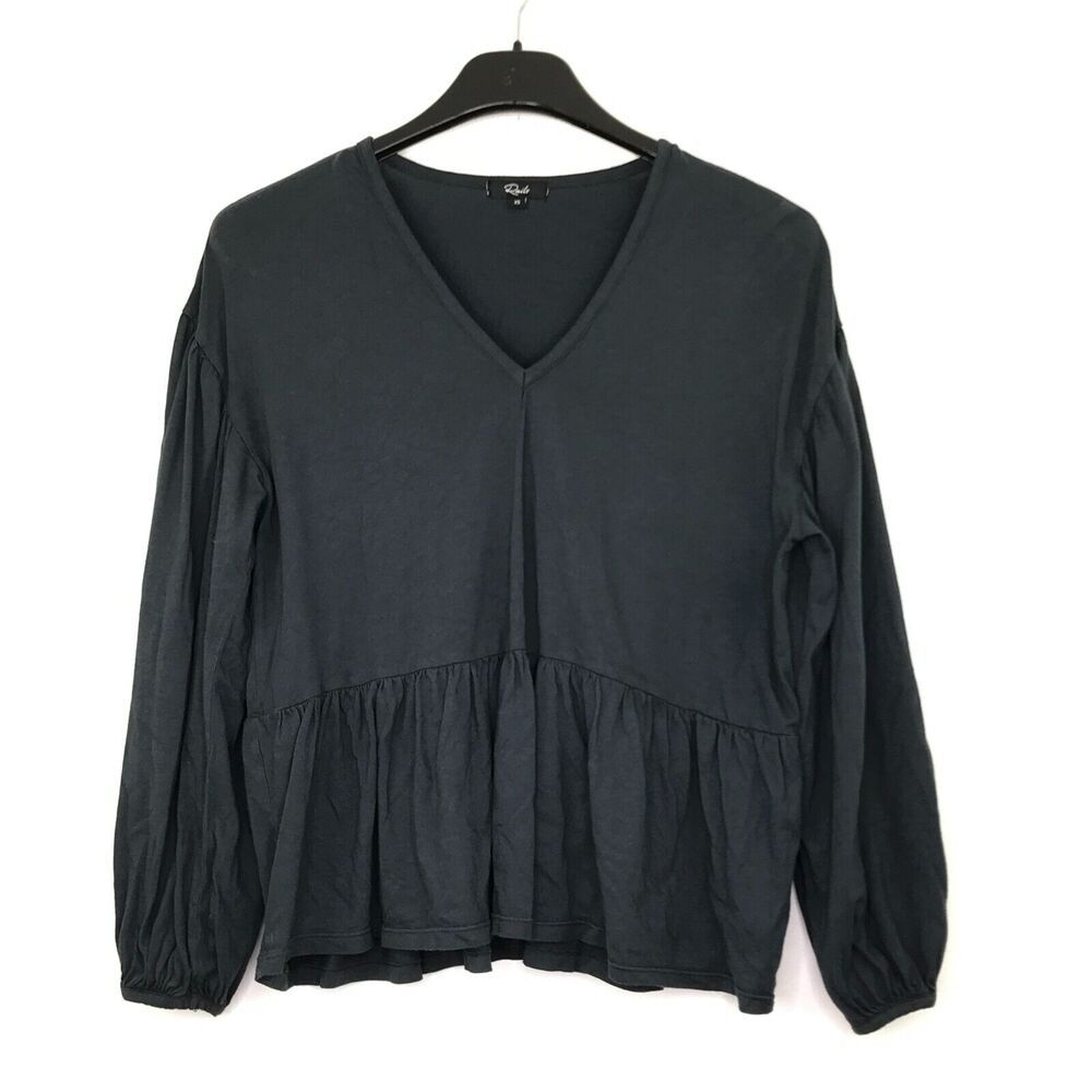 Rails Women's XS Shirt Washed Black Luella Long Sleeve Puff Peplum V-Neck CG6